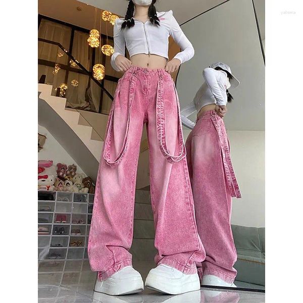 Calças de brim femininas vintage rosa perna larga moda streetwear solto calças jeans retas macacão harajuku calças largas