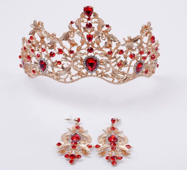 Cristal vermelho e verde escuro em coroa de ouro elegante acessórios de cabelo de noiva com brincos princesa coroa vintage meninas headpieces6907733