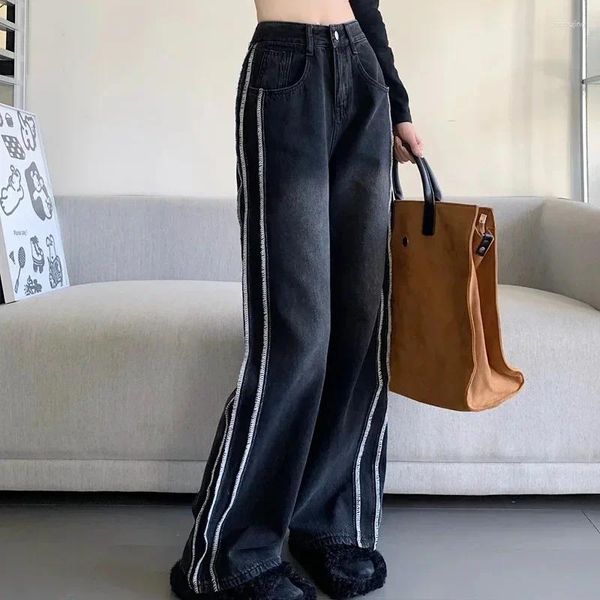 Jeans da donna Pantaloni a vita alta S Pantaloni gamba dritta Pantaloni neri per le donne Cool equipaggiati Unico 2024 Donna stile coreano Emo Hippie R