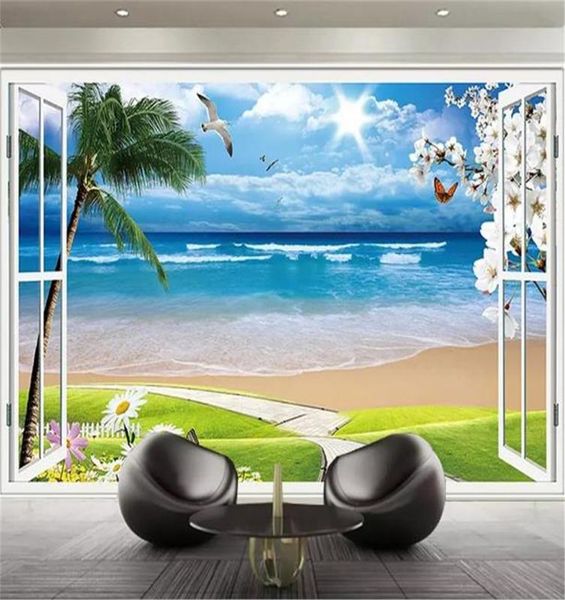Papel de parede personalizado 3d mural moderno fora da janela natural e claro bela vista do mar sala de estar fundo de tv papéis de parede 9388345