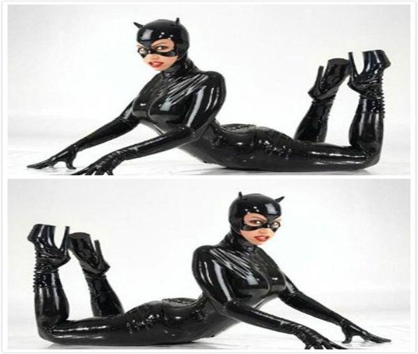 Plus Size Mulheres PU Couro Catsuit Sexy Catwoman Cosplay Traje Stretchable Bodysuit 2 Way Zipper Footed Macacão Com Mask1931204