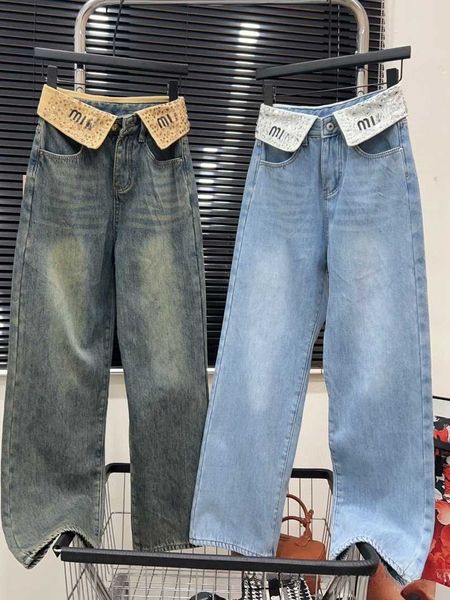 alta qualità autunno donna jeans fashiona rosa spazzolino lettera ricamata pantaloni in denim pantaloni firmati donna peluche dritto pantaloni in denim 2024