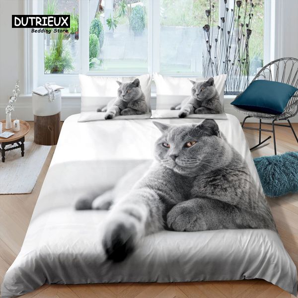 Conjunto de roupas de cama de gato de estimação 3D de luxo em casa Conjunto de cama de edreca infantil Casca de bastão de animais de cama Rainha e rei UE/EUA/AU/UK Size cortinas puras