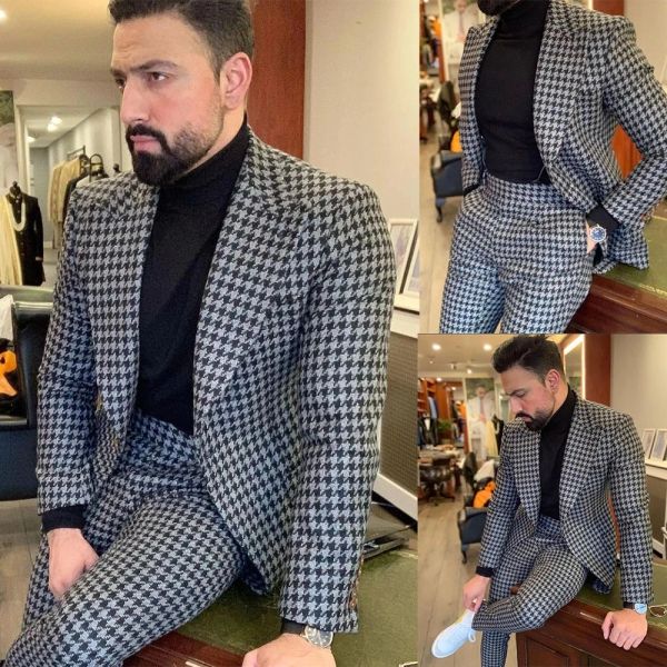 Anzüge Vintage Grey Houndstooth Men Suits Smoking Business Gekerbter Rever Jacke mit Hosen Büro Arbeit Blazer Chic männliche Kleidung 2022