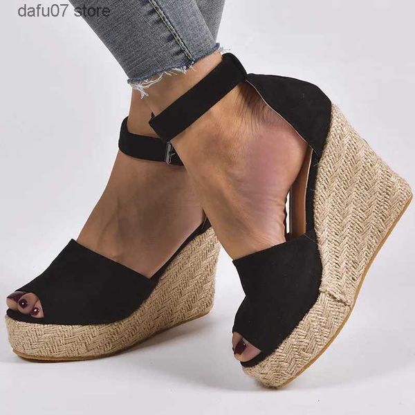 Sapatos de vestido mulher sandálias verão cunhas sapatos bombas de salto alto plataforma peep toe fivela cinta moda str corda de cânhamo respirável gladiadorh2431