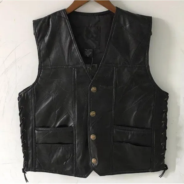 Gilet da uomo Gilet da motociclista Gilet in pelle Biker maschile Giacca senza maniche autunnale con bottoni genuini