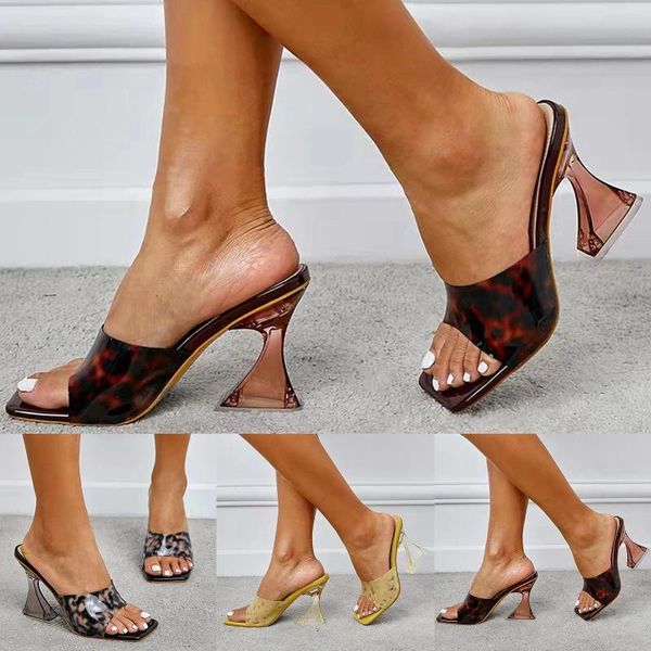 Sandalen Mode Frühling und Sommer Frauen Dicke Hochhackige Transluzente mit Kristallabsätzen Leopardenmuster Sexy Stil Schuhe