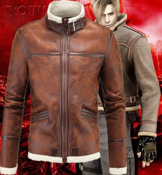 5XL Resident Evil 4 IV PU Giacca da uomo Plus Velluto LEON KENNEDY Ecopelle Colletto alla coreana Giacche di pelliccia Costumi Cappotto spesso J1611115271349