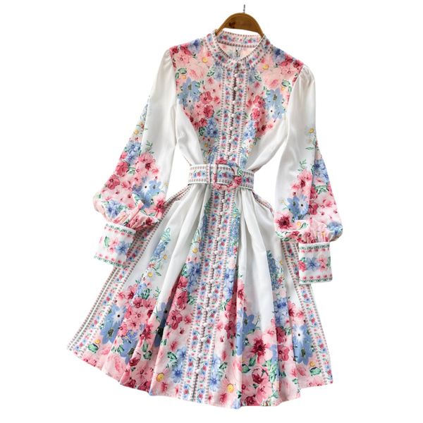 Весенне-осеннее однобортное платье с воротником-стойкой в стиле ретро и рукавами-фонариками на талии S M L XL 2XL
