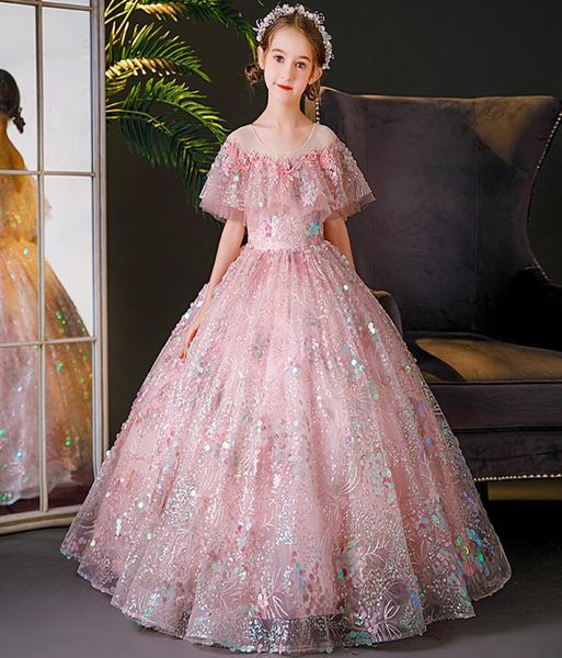 Театрализованное платье для девочек с блестками и блестками. Пышное платье для малышей 2022 года. Роскошное розовое платье для первого причастия. Платья с рюшами для девочек-цветочниц. Бальные платья1009683.