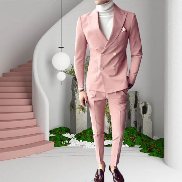 Tute Pink Fashion Sunshine Abiti da uomo Doppio petto 2 pezzi (giacca + pantaloni) Colletto a punta Abiti slim fit per smoking da festa di nozze