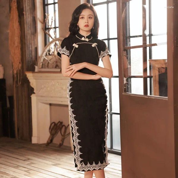 Etnik Giyim Cheongsam kadın Çin geleneksel tarzı dantel elbise bahar zarif retro qipao siyah resmi parti elbisesi vestidos
