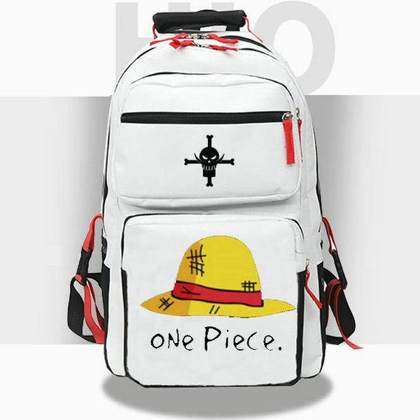 Strohhut-Rucksack, One Piece-Tagesrucksack, Ruffy, Anime-Schultasche, Cartoon-Druck-Rucksack, lässige Schultasche, weiß-schwarzer Tagesrucksack