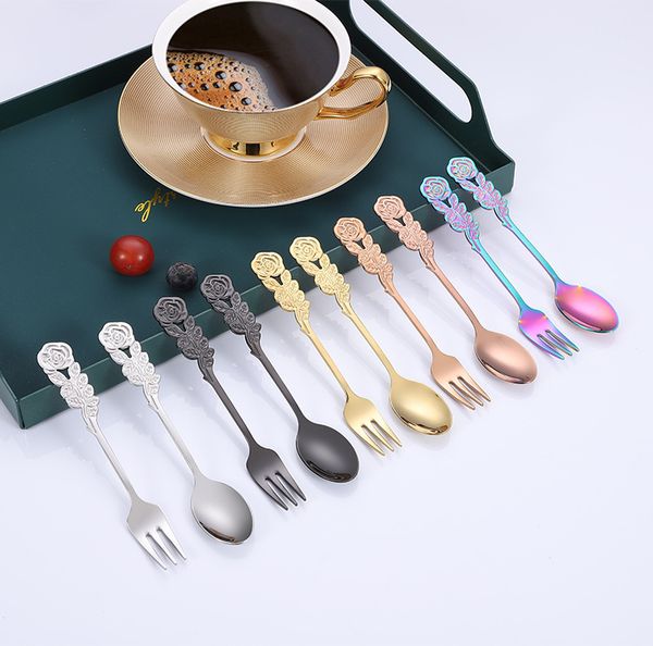 304 Edelstahl Gabel Löffel Rose geformt kurze Griff Löffel Obst Gabel kreative Kaffee Rührlöffel Dessert Scoop Küche Geschirr Geschirr YFA1967