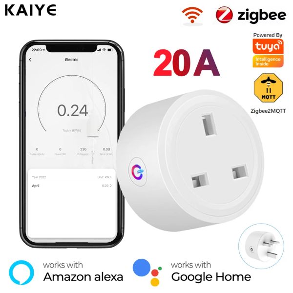 Controle Tuya 20a Zigbee Smart Plug Reino Unido Tomada Power Strip Mini tomada doméstica sem fio com monitor de energia compatível com Alexa Google Home