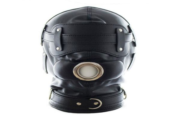 Maschera del sesso Giochi per adulti Prodotti del sesso Divertente Nero Morbido Sexy Fetish PU Restrizioni in pelle Copricapo Cappuccio Maschera Schiavo Uomini Giocattoli erotici1962744