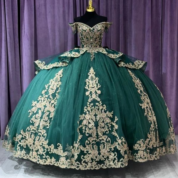 Smeraldo verde luccicante quinceanera per dolce 16 principessa abito oro applique perle in pizzo per perle di compleanno abiti da ballo da ballo Vestitido