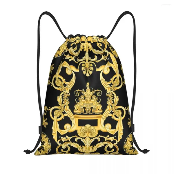 Sacos de compras Barroco Imprime Ornamento Grego GoldenMeander Meandros Vintage Cordão Homens Mulheres Leve Esportes Ginásio Mochila de Armazenamento