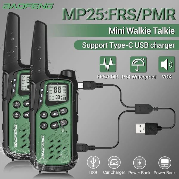 2er-Pack Baofeng MP25 PMR446FRS Mini-Walkie-Talkie mit großer Reichweite, wiederaufladbar, Typ C, mit LCD-Display, Taschenlampe, Funkgerät 240229