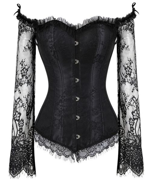 Corsetto overbust da donna039 con maniche Vintage vittoriano retrò burlesque corsetto in pizzo e bustier top gilet moda bianco nero2946727