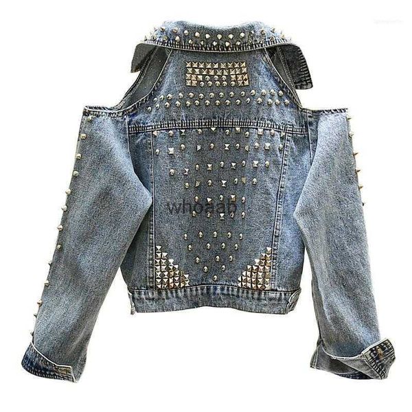 Giacche da donna Giacche Europee con spalle scoperte Jean Donna Cappotto con rivetti Manica lunga Denim Sexy Streetwear1 240301