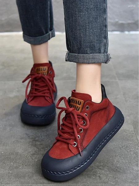 Stivali Birkuir originali con tacco spesso rosso da donna in vera pelle con plateau piatto e punta tonda scarpe stringate di lusso con suola morbida corta