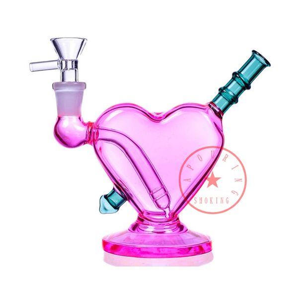 Pink LOVE a forma di cuore Viaggiatore Vetro Fumatori Tubi Bubbler Portatile Erba secca Filtro per tabacco Maniglia Ciotola Portasigarette Tubo Pipa ad acqua Bolla Mano Bong DHL