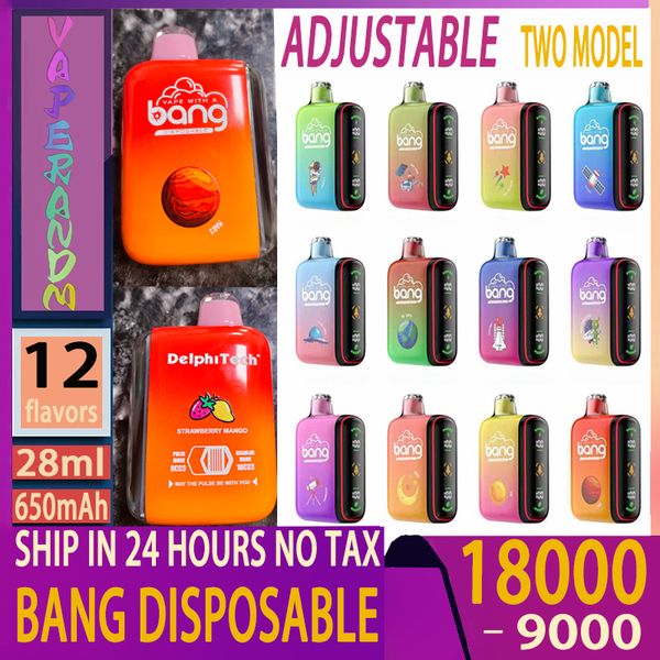 Original Bang descartável 9000 Puff a 18000 Puff Conjunto grande Vaporizador de vaporizador E-CIGARETTE E-CIGARETTE BOLEÇA LED LED BATERAGEM DOIS MODELOS 9K PUFFS 18K PUPER VAIS com cordão