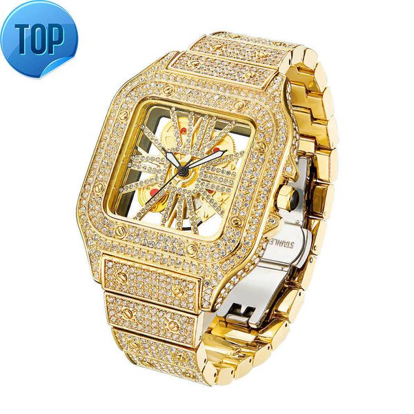 Hip hop luxo branco banhado a ouro gemstone quadrado masculino esportes relógios mecânicos automáticos