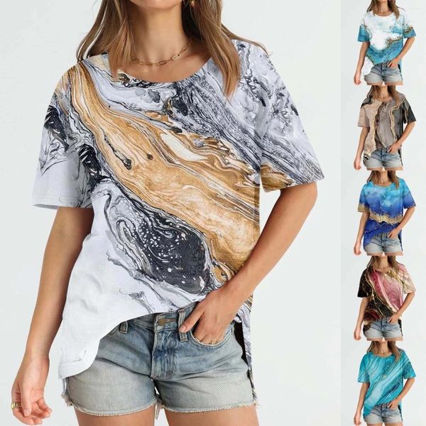 Damen-T-Shirts, modisch bedruckte T-Shirts für Frauen, lockerer, geteilter Saum, Scook-Ausschnitt, kurze Ärmel, hochwertige, weiche Stoffbluse, Camisetas