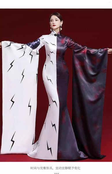 Palco desgaste chinês único qipao mostrar high-end e grande desempenho traje aparência anfitrião banquete vestido de noite 2 cores misturadas