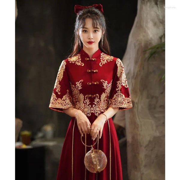 Roupas étnicas Brinde Roupas Noiva Cheongsam Vestido de Noivado de Casamento Estilo Chinês Mulheres 5XL Xiuhe Traje Longo Mandarim Collar