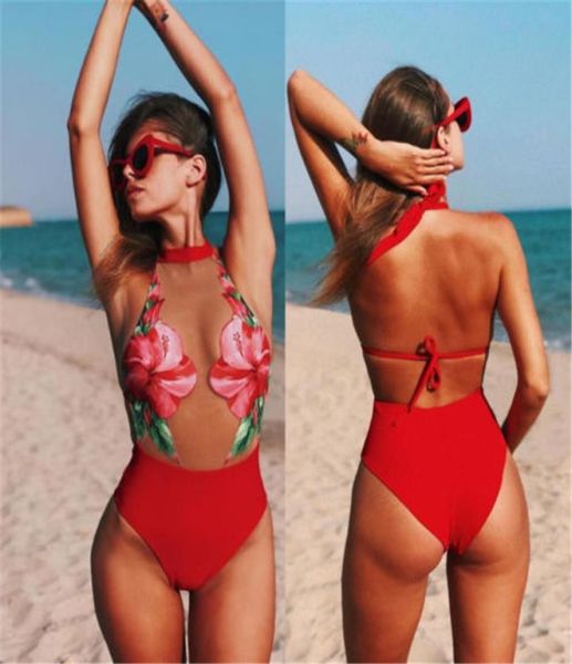 Vermelho sexy flor transparente biquíni nova malha maiô perspectiva costura senhoras uma peça mulheres maiô biquíni meninas verão bea3955632