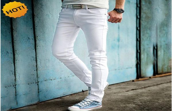 2017 moda colore bianco jeans skinny uomo pantaloni a matita hip-hop adolescenti ragazzi casual slim fit fondo con risvolto 27345420680