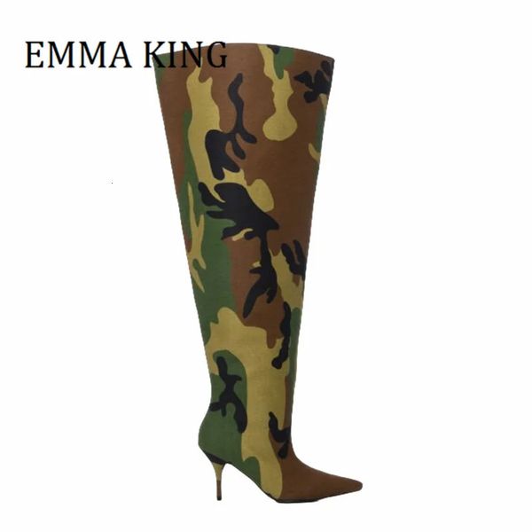 Mulheres camo lona coxa botas altas deslizamento-on design salto stiletto sobre o joelho botas femininas sexy camuflagem impressão balde botas 44 240227