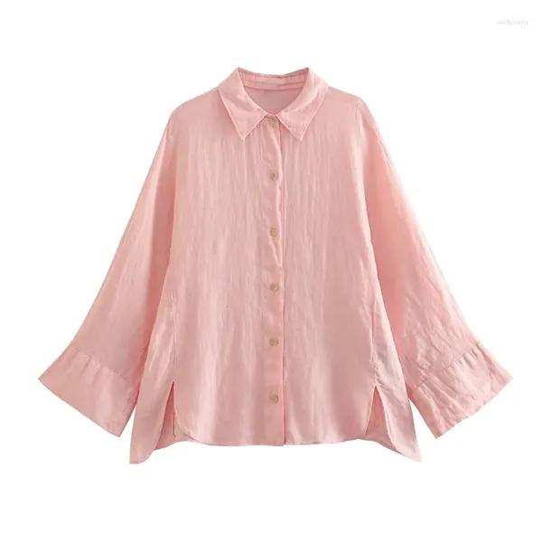 Женские блузки 2024, летняя одежда, розовая универсальная однобортная льняная рубашка с длинными рукавами и лацканами, свободный солнцезащитный топ