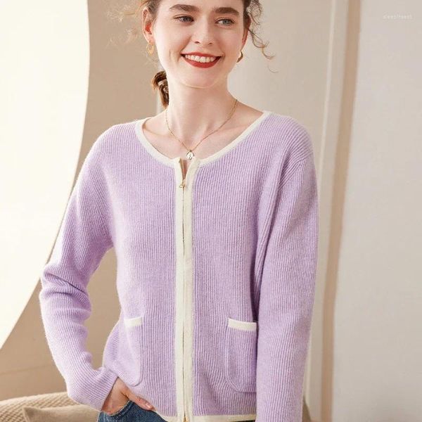 Suéter feminino de caxemira pura alfaiate ovelha malha gola redonda cardigã outono e inverno roupas soltas da moda sprin