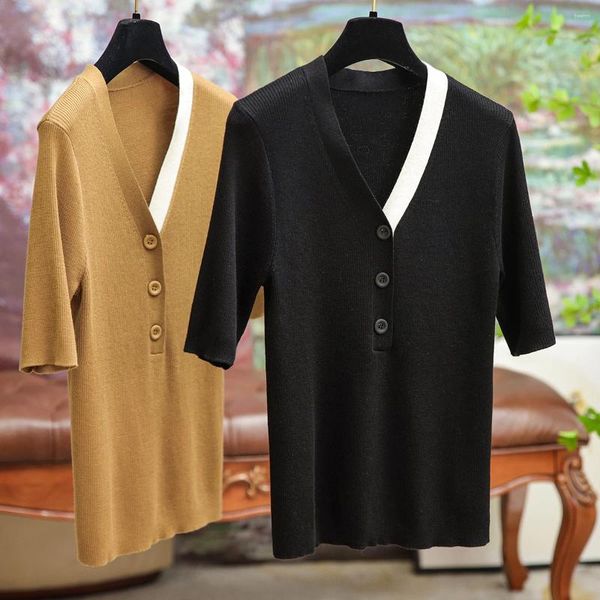 Женские футболки ALSEY, высококачественный вязаный шерстяной свитер, футболка, осень 2024, с v-образным вырезом, цветной женский топ с длинными рукавами