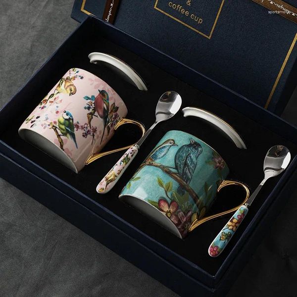 Canecas 400ml cerâmica copos duplos conjunto com caixa de presente osso china porcelana presente de aniversário para chá leite café água útil luxo