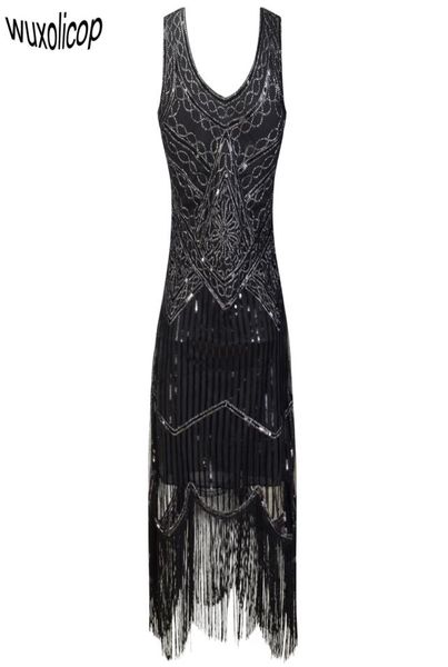 Vestido de festa feminino robe femme 1920s grande gatsby flapper lantejoulas franja midi vestido verão arte deco retro vestido preto y1901179543007