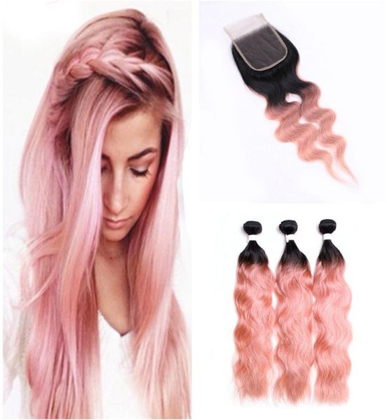 Molhado e ondulado cabelo humano rosa tece com fechamento de renda ouro rosa onda natural cabelo humano 3 pacotes com fechamento de renda 4101561