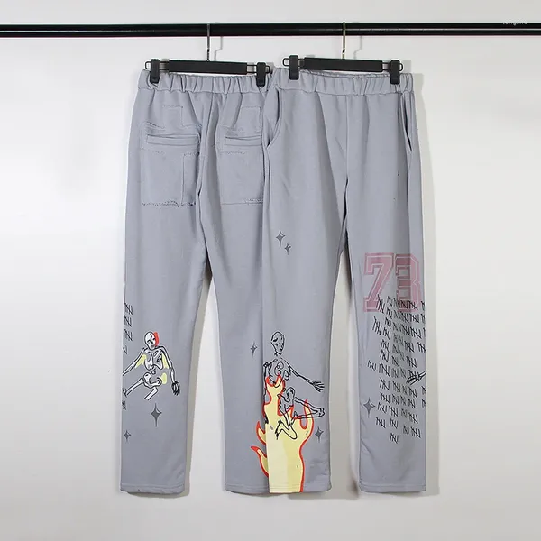 Calças masculinas High Street Lama Tingido Retro Chama Sweatpants Homens Mulheres Crânio Impresso Casual