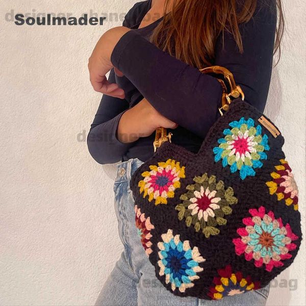 Umhängetaschen het chic Granny Square Gran Handtasche handgemachte Eimerhandtasche mit oberem Griff gewebte Jacquard-Tasche Großhandel T240301