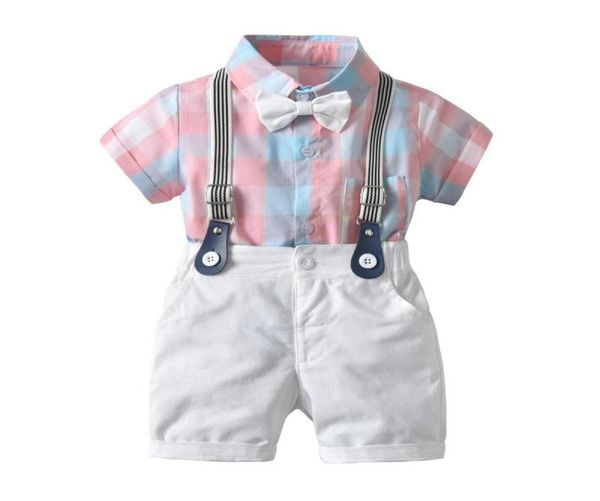 2019 летний комплект одежды для маленьких мальчиков, клетчатая рубашка с короткими рукавами и галстуком-бабочкой, шорты на подтяжках для мальчиков, комплект из 2 предметов, детская одежда 149124665554