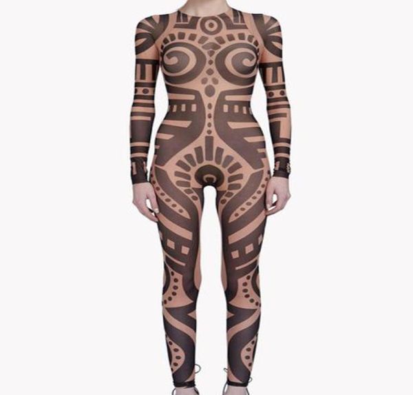Sommer Frauen VintageTribal Tattoo Print Mesh Overall Kurvige Afrikanische Runway Sheer Bodysuit Promi Overall Catsuit2284903