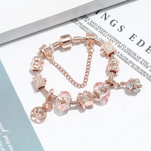 Boutique Rose Gold Armband Frauen Luxus Stil Rosa Glasperlen Armbänder Mode Stil Cartoon Kinder Armband Frühling Geburtstag Liebe Geschenk Schmuck