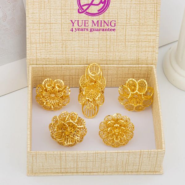 İtalyan altın kaplama takı seti benzersiz parmak yüzüğü kadınlar büyük stil çiçek zarif yüzük mücevher setleri ayarlanabilir halka hediyeler 240220