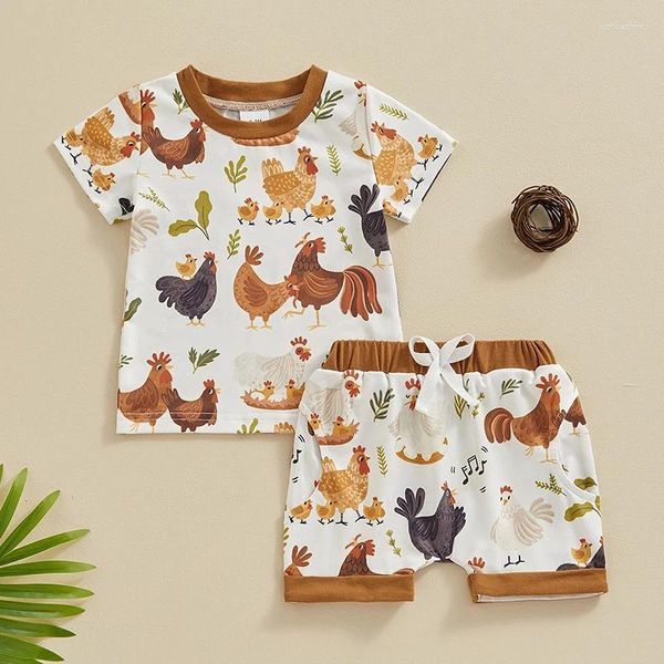 Set di abbigliamento carini estivi per bambini cortometraggi da 2 pezzi da cartone animato gallina t-shirt a collo rotondo a manica corta con set