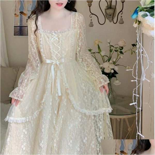 Grundlegende lässige Kleider Spitze Vintage-Kleid Frauen Langarm Quadratische Farbe Elegante Midi-Lolita-Party 2023 Winter Einteiliges koreanisches Fash Dhqfr