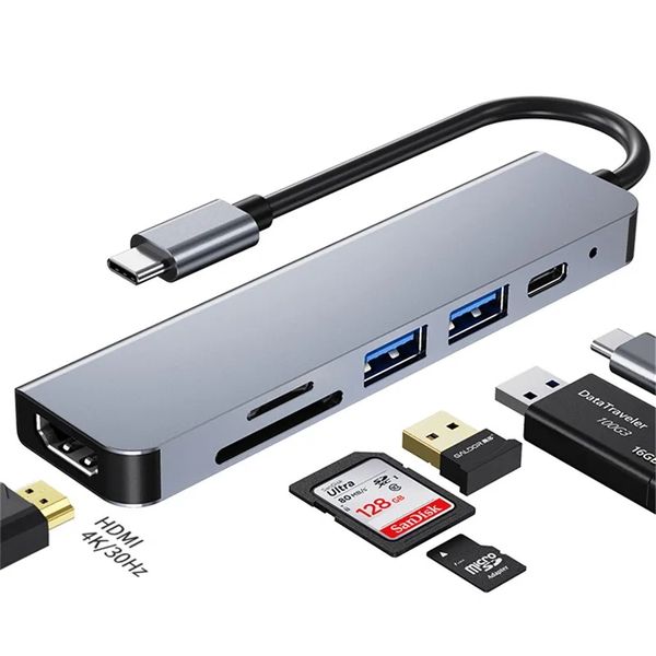 6 em 1 USB 3.0 Type C Hub Multi Splitter Adaptador TF SD Reader Slot para Macbook Pro 13 15 Air PC Acessórios de computador